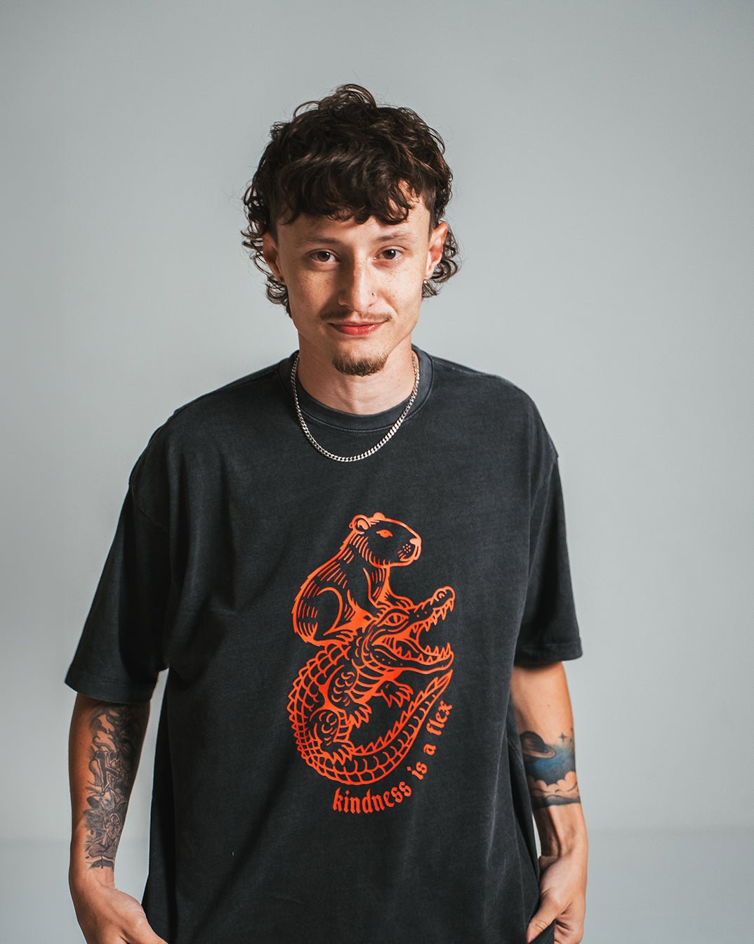 Kindness Is a Flex Charcoal Tee – Capybara x Gator Graphic - Tricki Woo