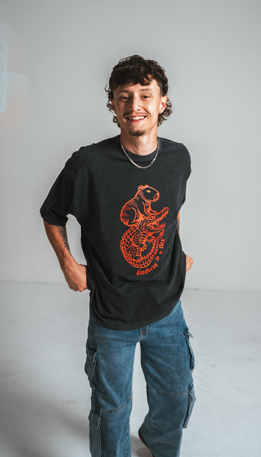 Kindness Is a Flex Charcoal Tee – Capybara x Gator Graphic - Tricki Woo